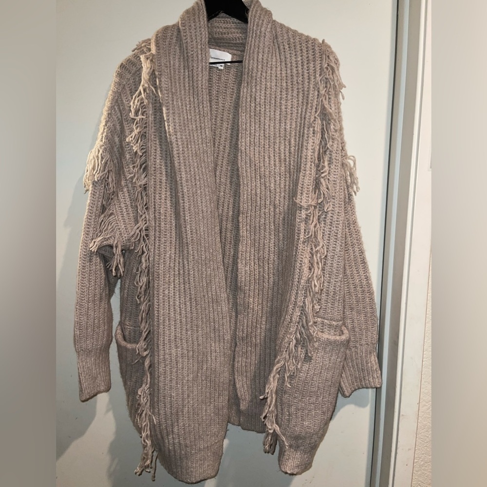Anthropologie Amanza Fringed Cozy Cardigan Sweater Beige Taupe XS/S